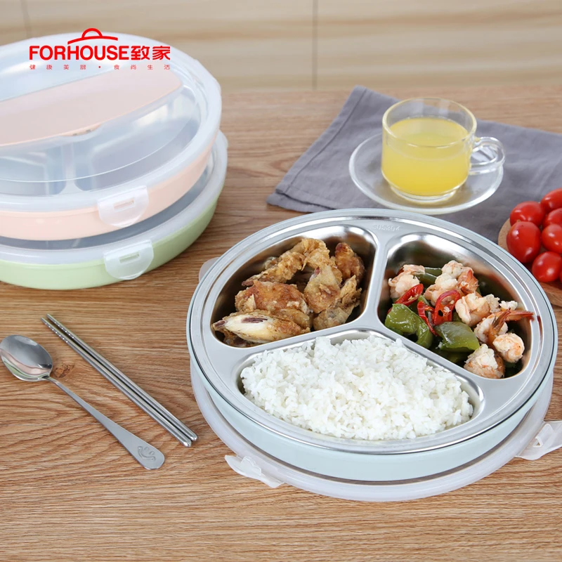 

Stainless Steel Lunch Box 3 grid Food Storage Container Bento With Spoon and Chopsticks Round Lunch box Dinnerware