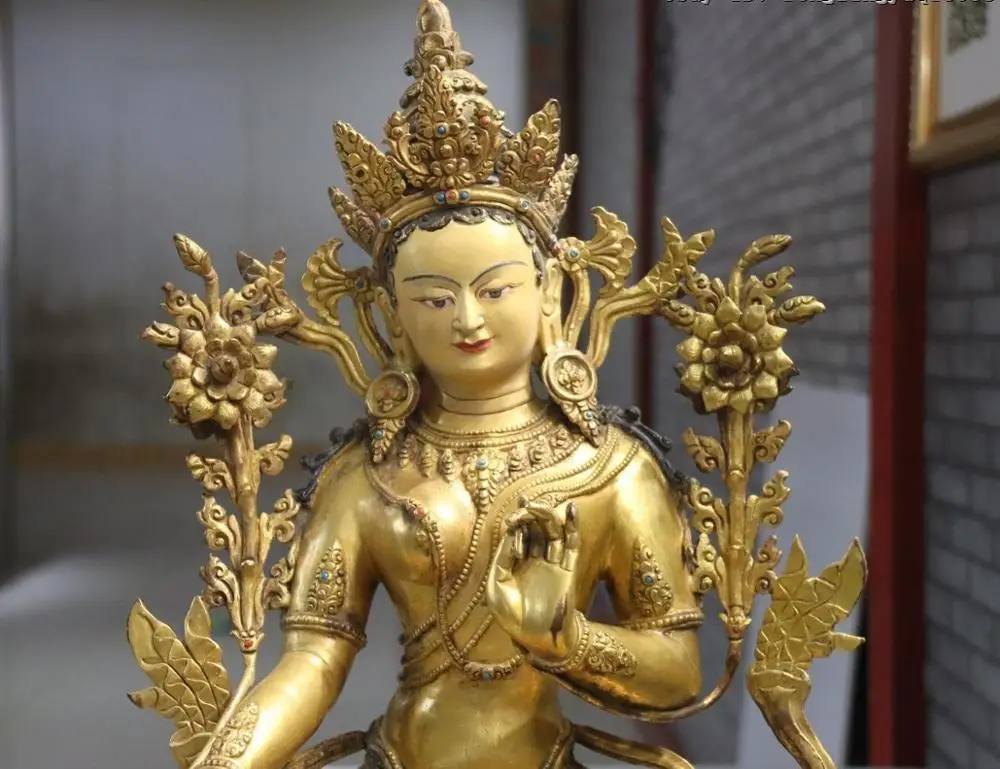 Тибет Лхаса старый Золотой позолоченная медь зеленый Tara Kwan-Yin Bodhisattva богиня Будда