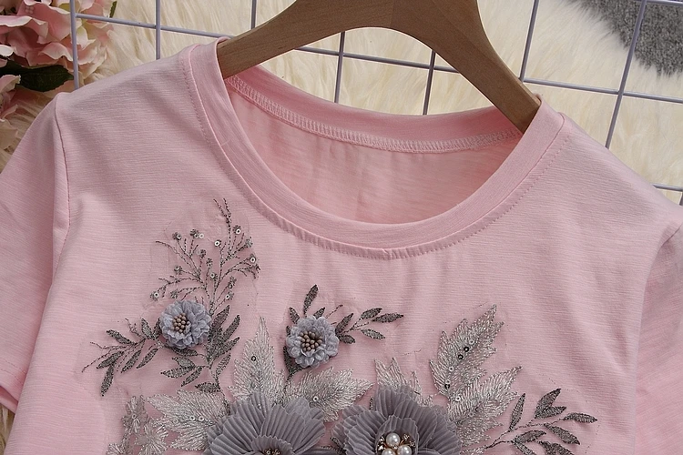 ALPHALMODA летние женские стильные футболки с коротким рукавом, джинсовые тяжелые хлопковые футболки с 3D цветочным принтом и рваные брюки