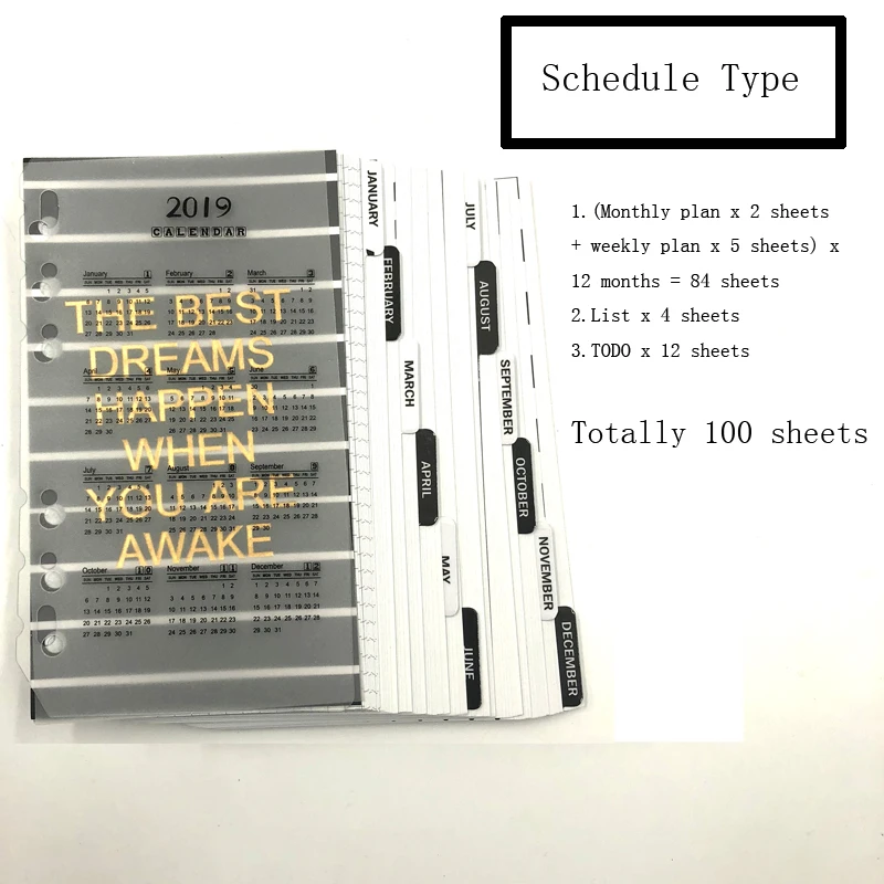 2019 Schedule Европейский черный наполнитель бумаги Dokibook спиральный блокнот A5A6 планировщик внутренний ядро Еженедельный ежемесячный дневник пополнение школьные канцелярские принадлежности - Цвет: 2019 Schedule