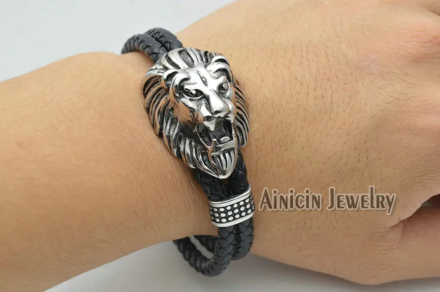 Stainless Steel British Royal Lion Head Double Row Genuine Leather Bracelets Powerful Fashion Men's Bangle Gift 5pcs/lot | Украшения и