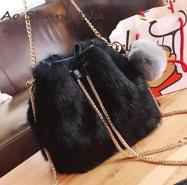 Новый 2017 бархат мешок цепи плечо шерсти помпой небольшой ведро|bucket bag|wool bagvelvet bag |