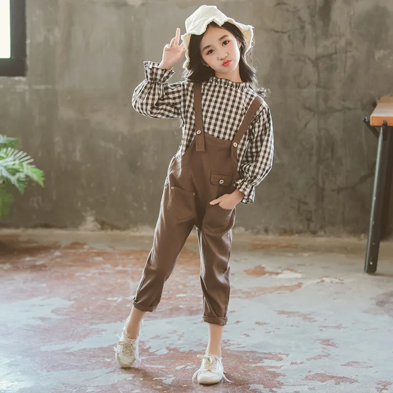 Girls Clothes 6-12 Y Autumn Long Flare Sleeve Blouse 2 PCS Set (Blouse + Bib Pant) Fashion Korean Style Spring Outerwear Suits | Мать и