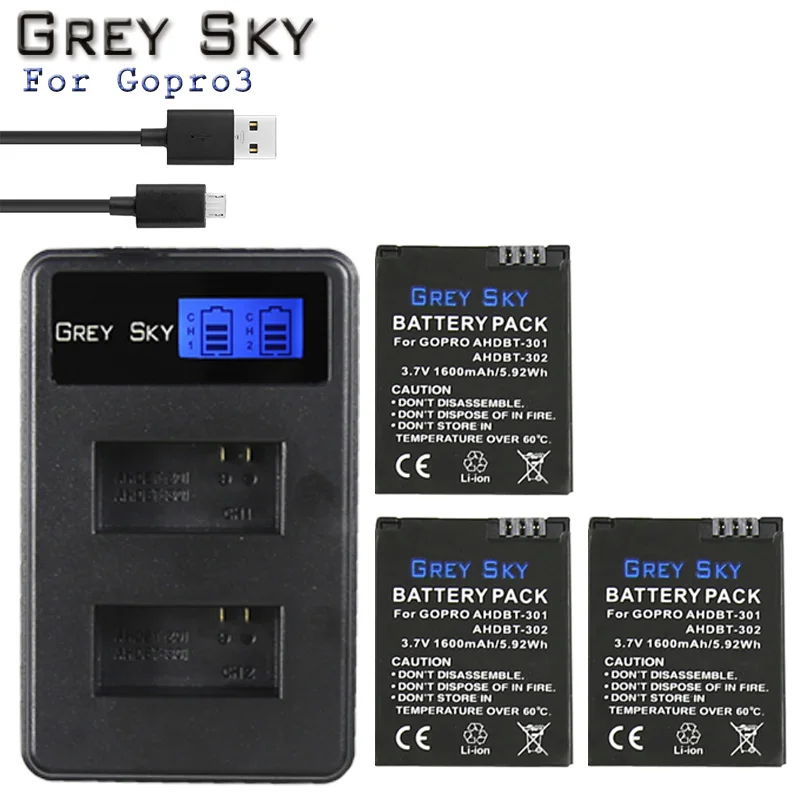 Charger and 3battery Go Pro HERO 3+ батареи AHDBT-301 литий-ионная батарея AHDBT301 для GoPro HERO3 3+ аксессуары - Цвет: Charger and 3battery