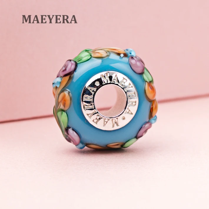 MAEYERA Подлинная 925 пробы Серебряная лампворк стеклянная бусина Небесно-Голубой Райский цветок Шарм подарок DIY Ювелирные изделия 920154