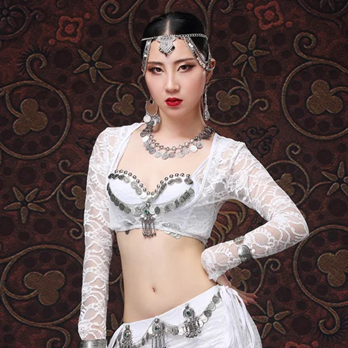 white Женская Одежда для танцев, аксессуары, длинный рукав, кружевная куртка для танца живота, нижняя рубашка, боди, поддержка груди(только куртка - Цвет: white