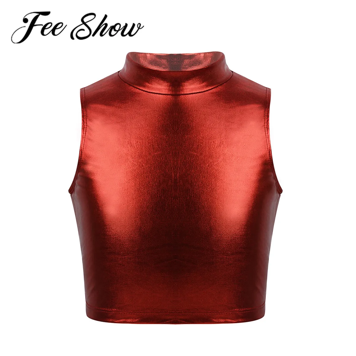 

Kids Girls Shiny Gymnastics Leotard Tank for Dance Ballet Crop Top Sports Bra Turtleneck Tops for Ballerina Stage Costume Outfit