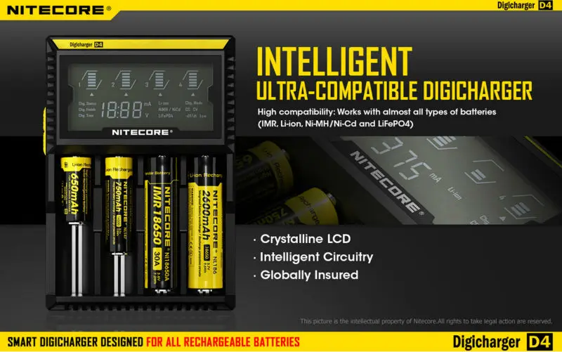 NITECORE Оригинал D4 Digi зарядное устройство ЖК дисплей Универсальное подходит для 18650