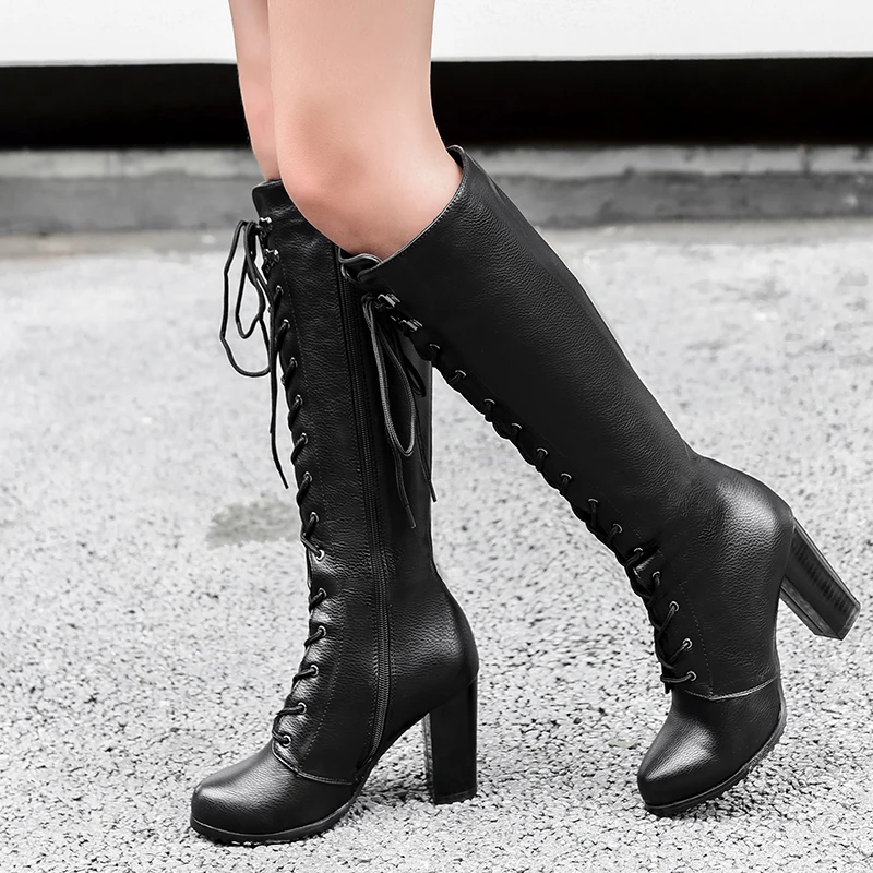 

WETKISS Knee High Women Boots Round Toe Pu Zip Footwear Thick High Heels Motorcycle Female Boots Cross Tied Shoes Women 2019