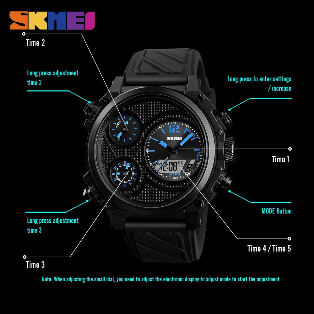 SKMEI 1359 Для мужчин модные часы 5 Время тревоги Chrono EL свет Наручные жизни