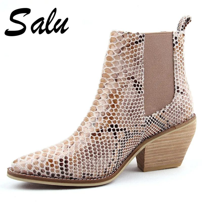 

Salu New Ankle Boots Sexy Snake Pu Leather Women Shoes Pointed Toe Thick High Heel Embossed Leather Shoes Woman