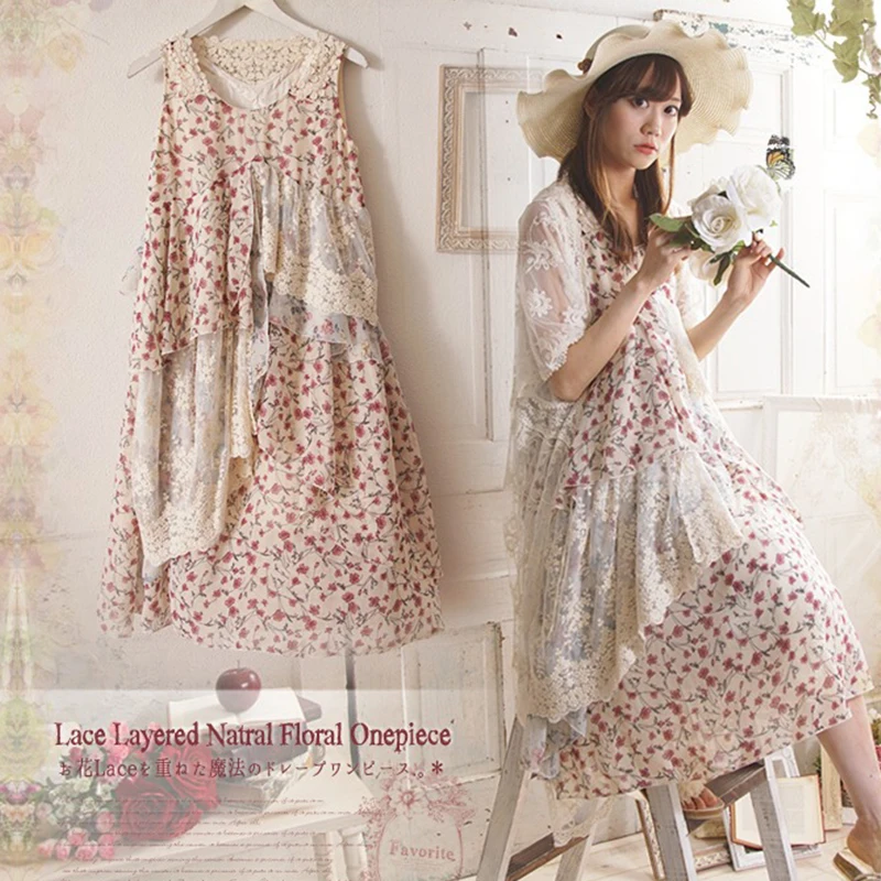 Light Pink Pattern Оригинальное женское асимметричное платье в стиле ретро с цветочной вышивкой в японском стиле Mori Girl, летнее свободное кружевное платье без рукавов V284 - Цвет: Light Pink Pattern