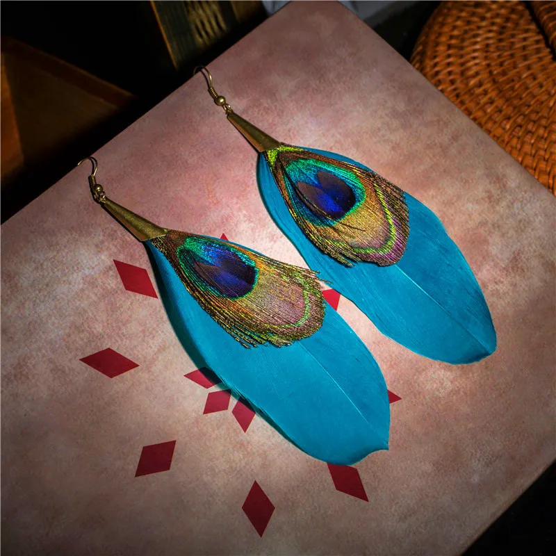 Женские серьги с синими перьями в этническом стиле|feather earrings for women|blue feather earringsfeather