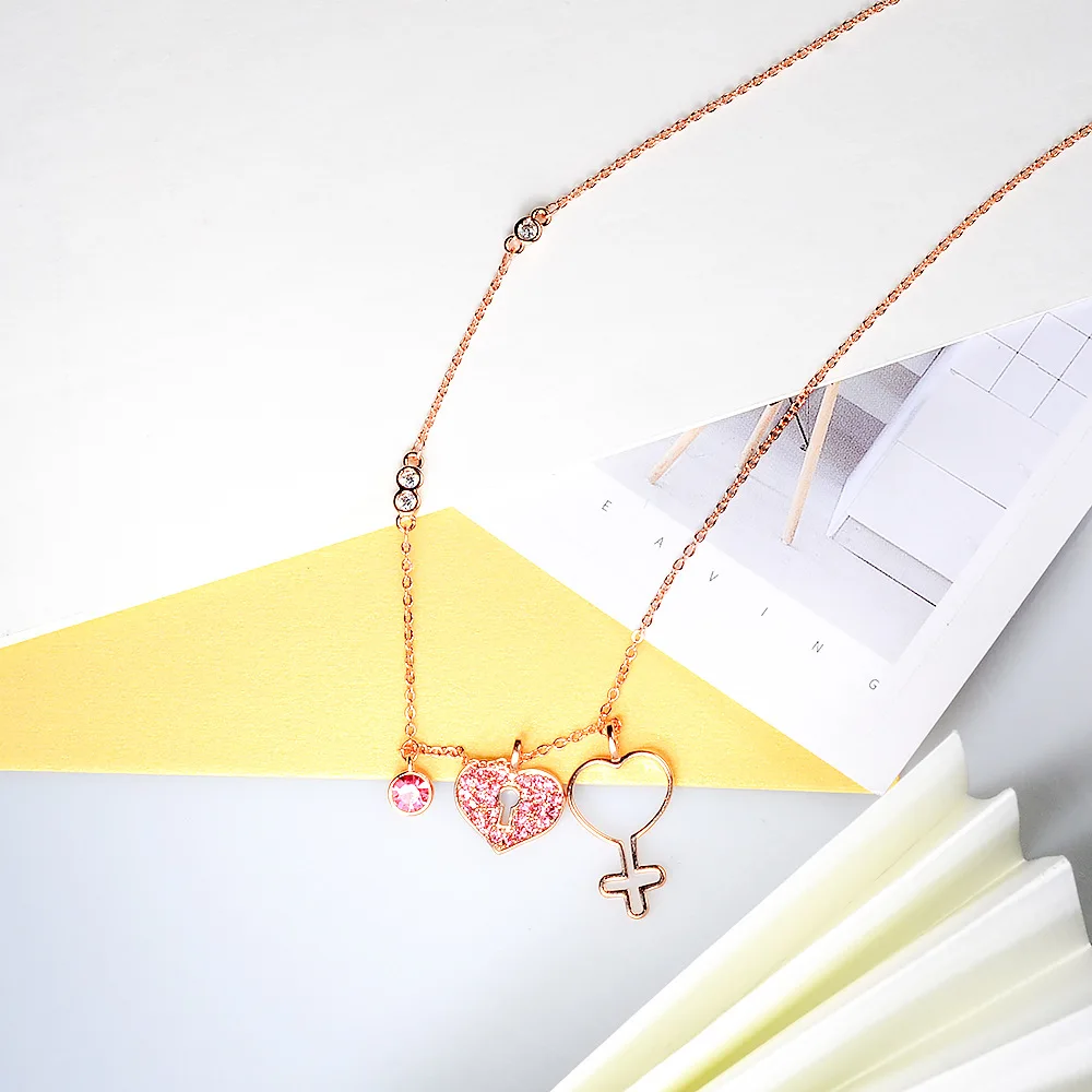 YUN RUO микро проложить Циркон Сердце Ключ ожерелье колье розовое золото цвет