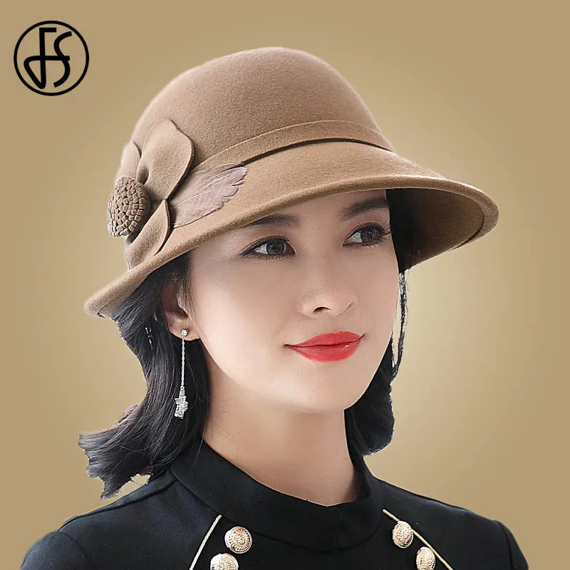 Женские шляпки из 100% шерсти FS элегантные с широкими полями и перьями красные