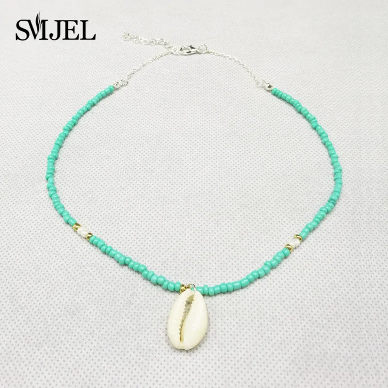 SMJEL Boho Seashell колье для женщин в виде раковины, колье, раковины, раковины, зеленый камень, бисер, Золотая цепочка, ожерелье, ювелирное изделие, бижутерия