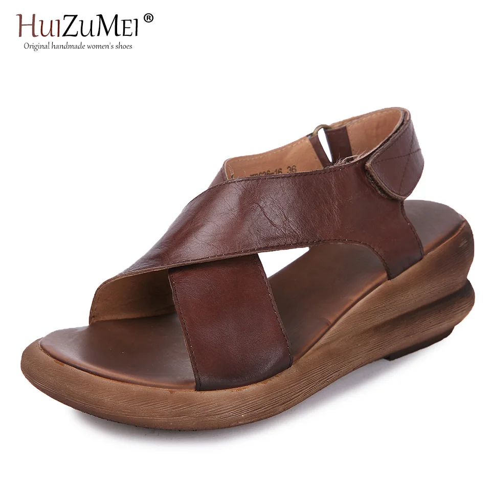 HUIZUMEI Fashion Shoes Women Genuine Leather Hand-made Sandal Summer New Wedges Retro And Stylish Slip-proof For | Обувь