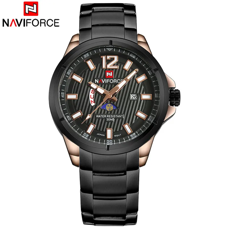 Мужские спортивные часы NAVIFORCE кварцевые со стальным ремешком брендовые наручные