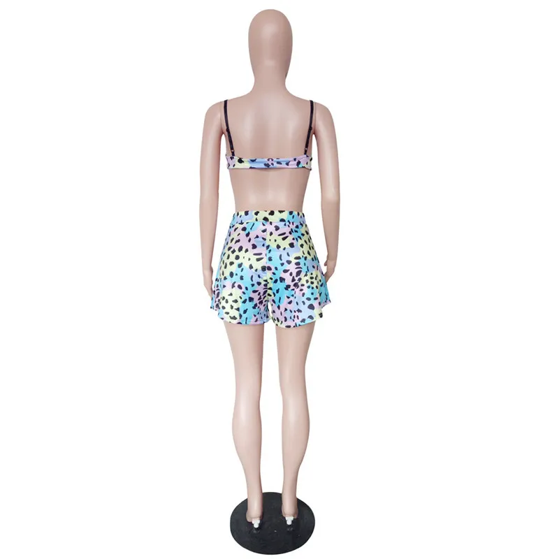 

Leopard Print Sexy Two Piece Short Set Women Sleeveless Strapless Crop Top and High Waist Shorts Beachwear Matching Set Outfits