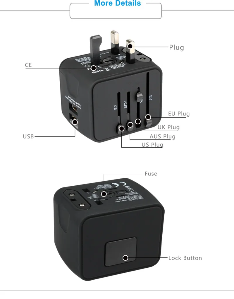 Дорожный адаптер Международный адаптер питания с 2.4A Dual USB, Европейский адаптер Путешествия адаптер питания настенное зарядное устройство для Великобритании, ЕС, Австралии