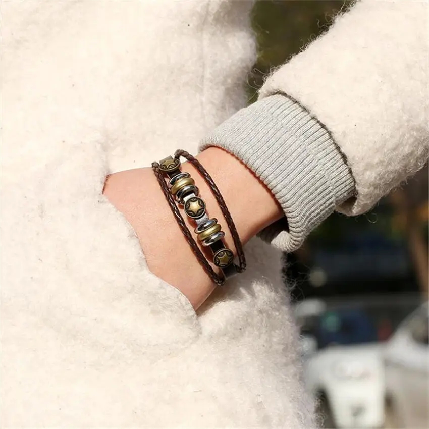 Тройные золотые украшения в виде звездочек Плетеный коричневый кожаный браслет