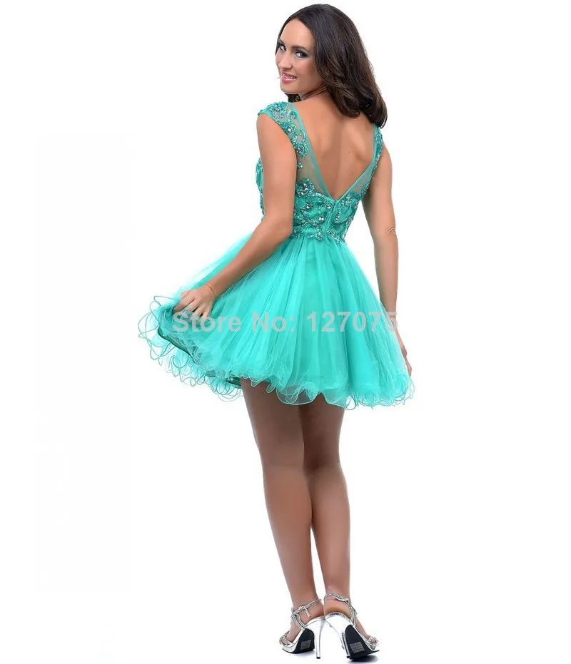 New Arrival ! Free Shipping 2014 Hunter Unique Scoop Sequin Beads Lace Tulle Ball Gown Above Knee Homecoming Dress |