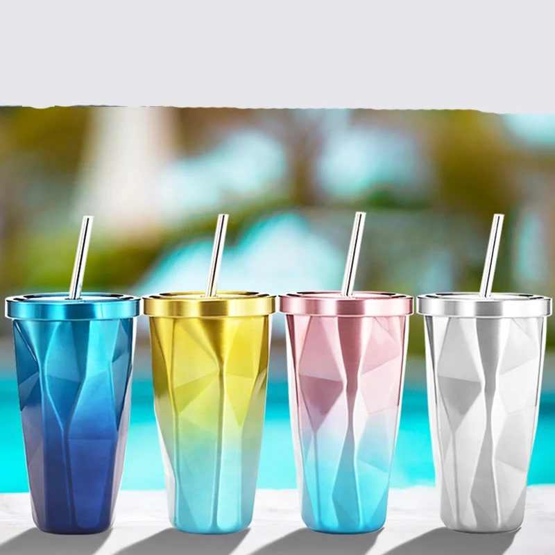 

500ml Stainless Steel Hot and Cold Double Wall Drinking Cups Tumbler with Straw Coffee Mugs Irregular Diamond with Lid & Straw