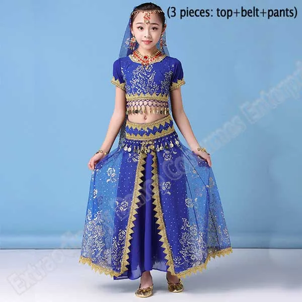 Royal blue-3pcs Стиль, детский индийский костюм для танца живота, сари, Болливуд, детский наряд, шифоновый топ на Хэллоуин, пояс, юбка, вуаль, головной убор - Цвет: Royal blue-3pcs