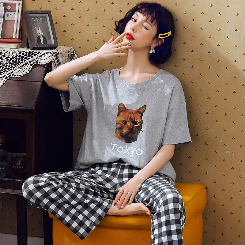 Женские пижамы штаны в клетку мультфильм Kawaii Фламинго Ночная рубашка женские