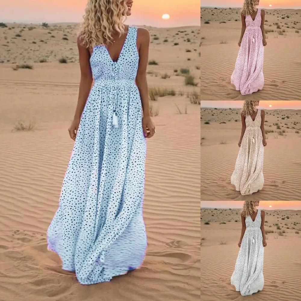 Женское платье 2019 богемное летнее vestidos De Festa без рукавов в горошек с кисточками