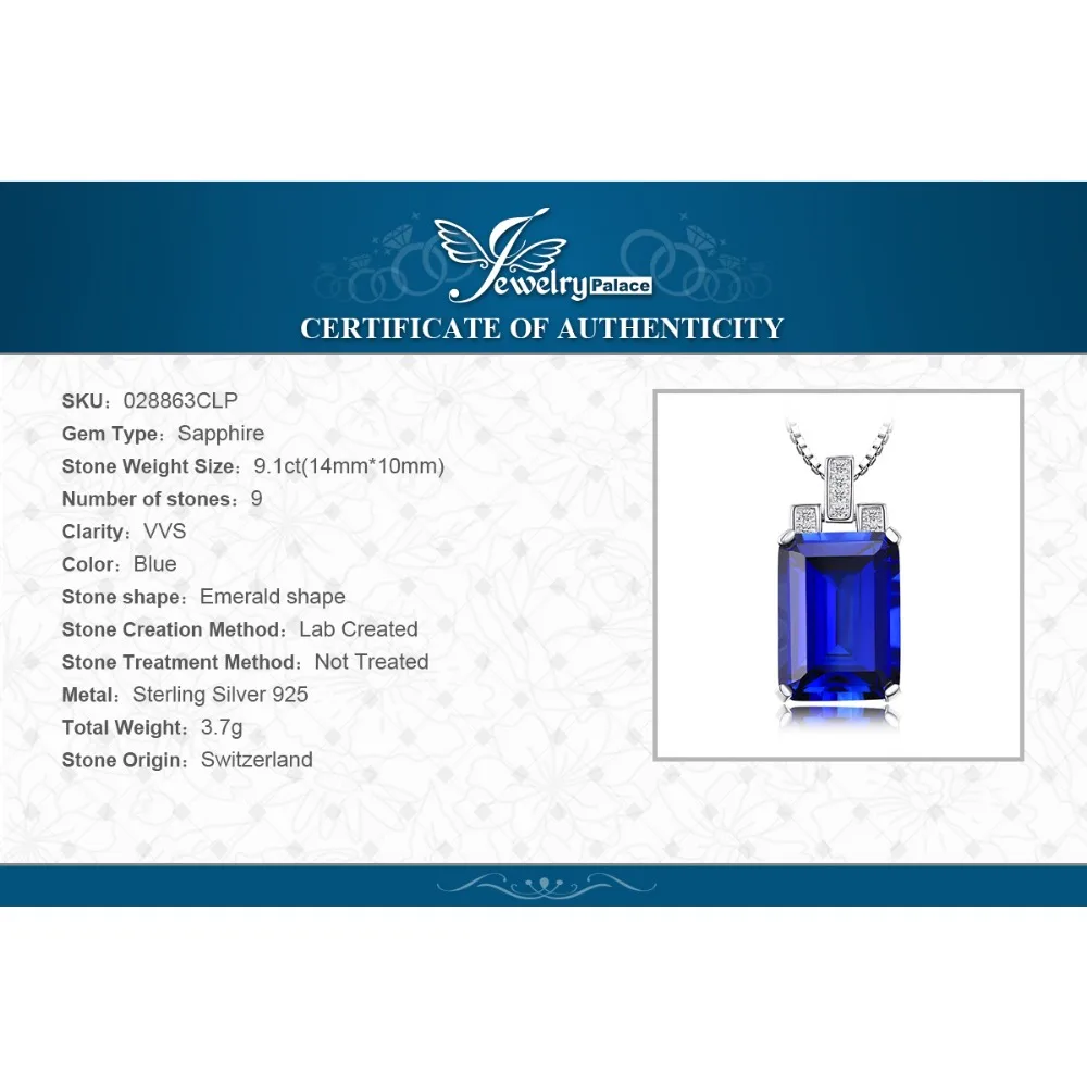 JewelryPalace Роскошные Изумрудный Cut 9.4ct Создана в Синий Сапфир Подвеска Подлинная
