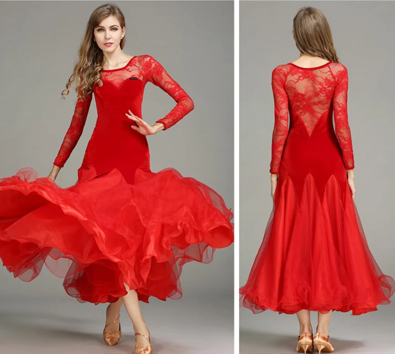 Бальные платья для вальса женские элегантные кружевные с длинным рукавом черное