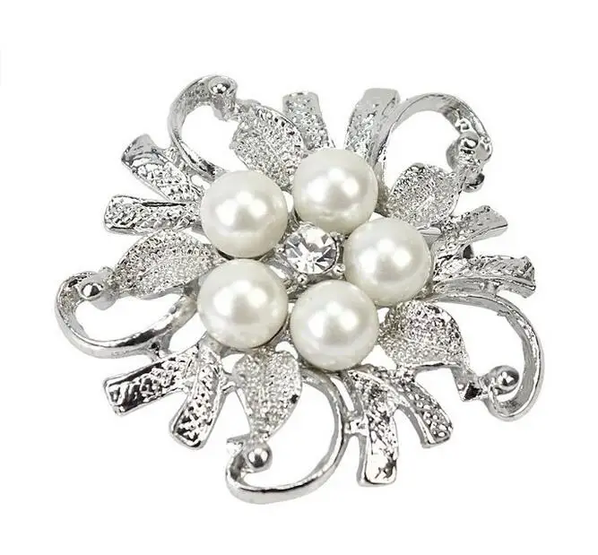 

Rhodium Silver Tone Clear Rhinestone Crystal Ivory Pearl Pretty Flower Brooch Party