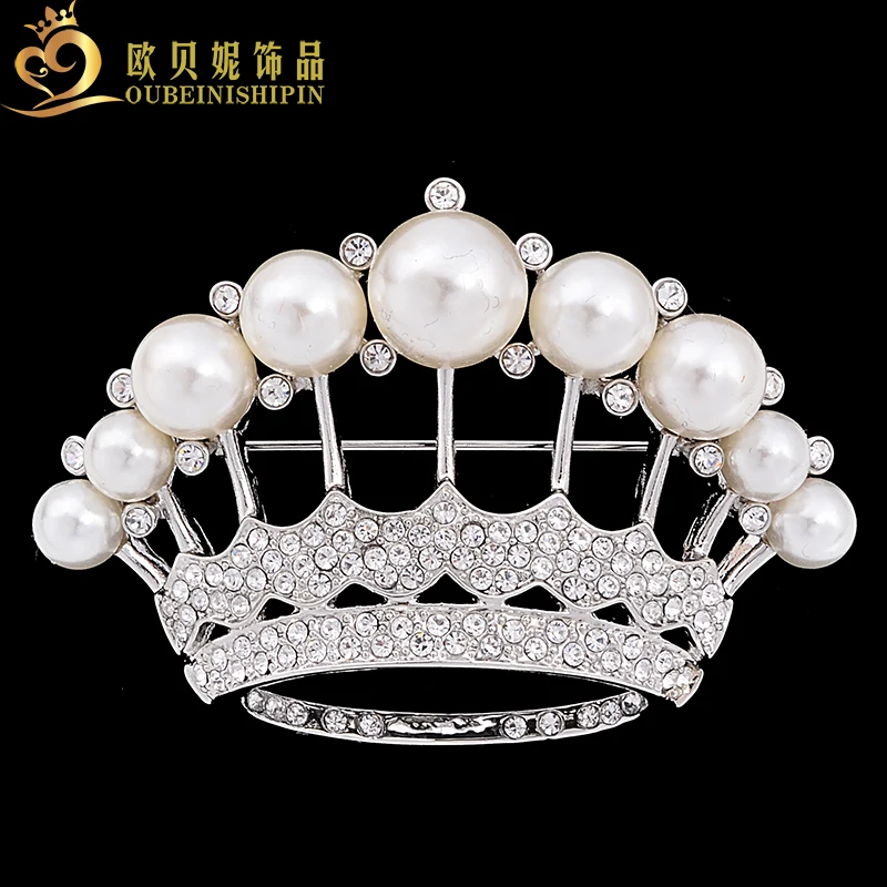 

OBN 2017 Fashion Brand Large Silver Pearl Crystal Crown Brooch Pin Jewelry Wedding Badge