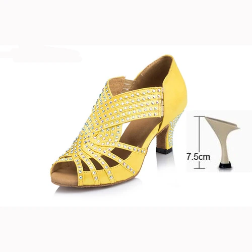 Yellow Heel 75mm Женские туфли для Бальных и латиноамериканских танцев; цвет синий, желтый; туфли для сальсы; женские вечерние туфли для танцев на высоком каблуке 6/7, 5 см; мягкая подошва; 1816 - Цвет: Yellow Heel 75mm