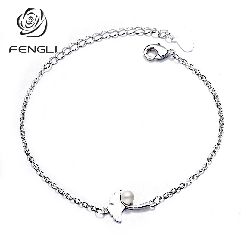 FENGLI Boho браслет с листьями гинкго и жемчугом серебряный цвет Женские аксессуары