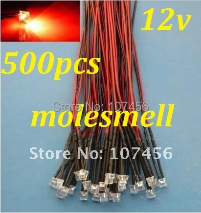 Free shipping 500pcs Flat Top Red LED Lamp Light Set Pre-Wired 5mm 12V DC Wired 5mm big/wide angle red 12v led