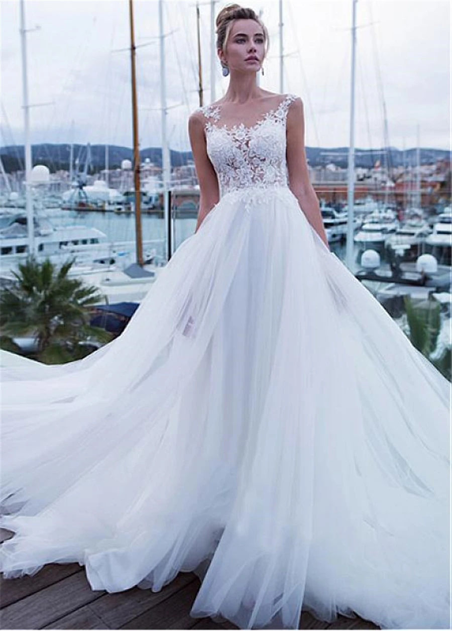 Fantastic Tulle Jewel Neckline A-line Wedding Dresses With Beadings Lace Appliques Handmade Flowers Beach Gowns | Свадьбы и