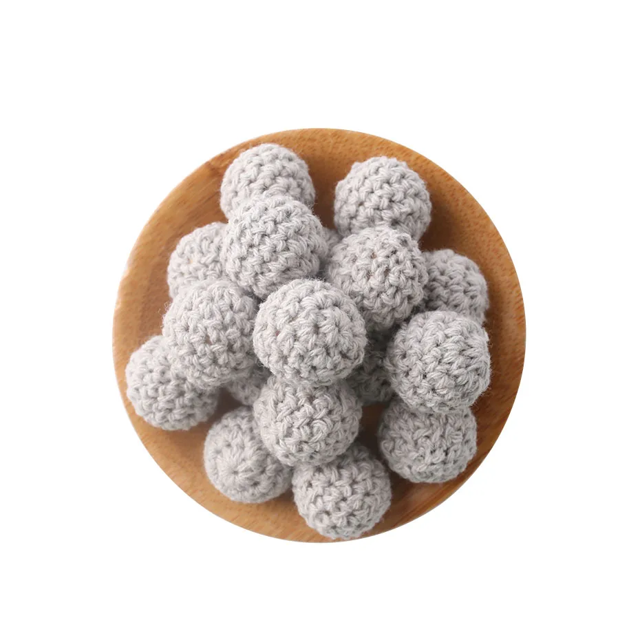 Gray Crochet Beads 15 шт., 16 мм, Детские Прорезыватели для зубов, вязанные деревянные бусины, хлопковые круглые бусины, Детские Прорезыватели для соски, цепные аксессуары, детские деревянные Прорезыватели для зубов - Цвет: Gray Crochet Beads