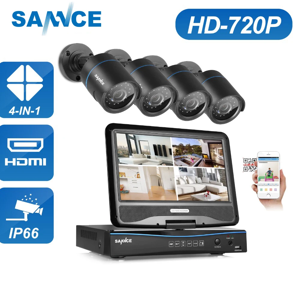 SANNCE 720P система видеонаблюдения 4CH DVR со встроенным 10 1 дюймовым ЖК монитором и HD 1.0MP