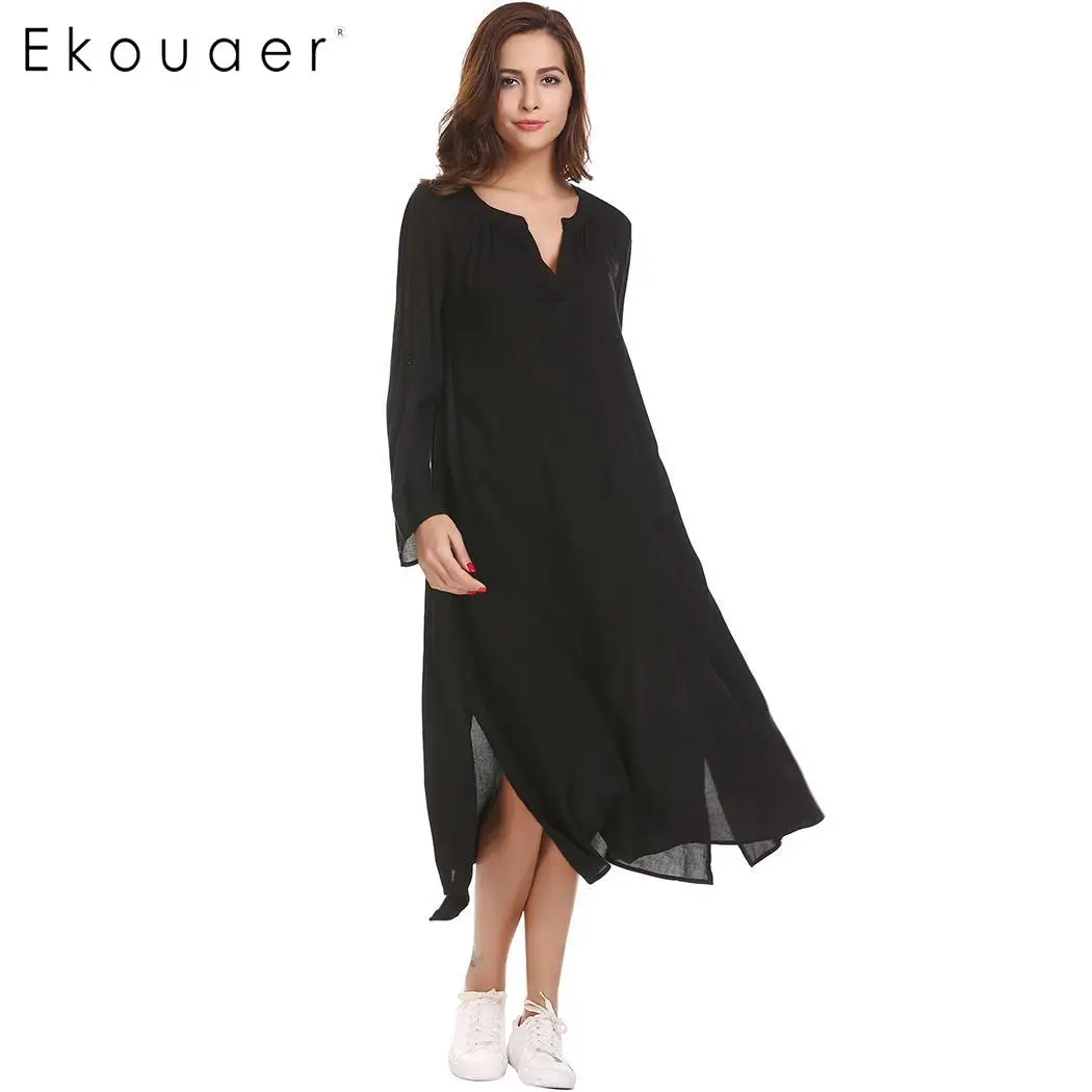 Ekouaer ночная рубашка с длинным рукавом для женщин вырезом Расклешенным осенняя