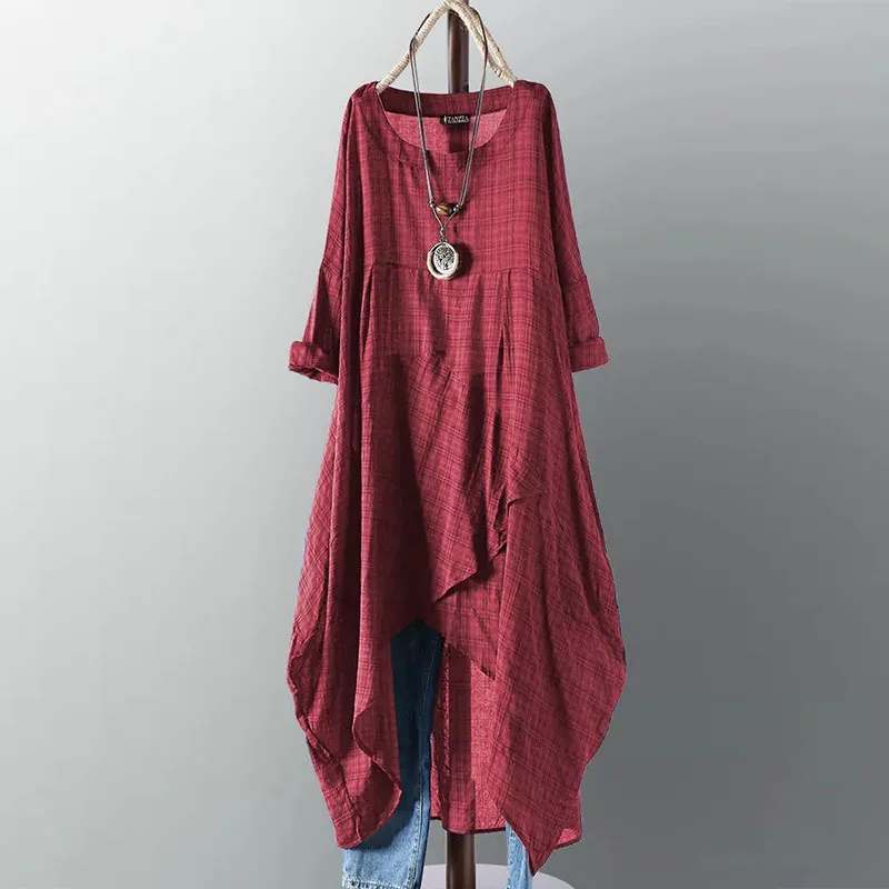 Wine Red ZANZEA асимметричное платье миди, женское клетчатое платье, женское клетчатое платье с длинным рукавом, vestidos, летний сарафан, Повседневная рубашка, халат 5XL - Цвет: Wine Red
