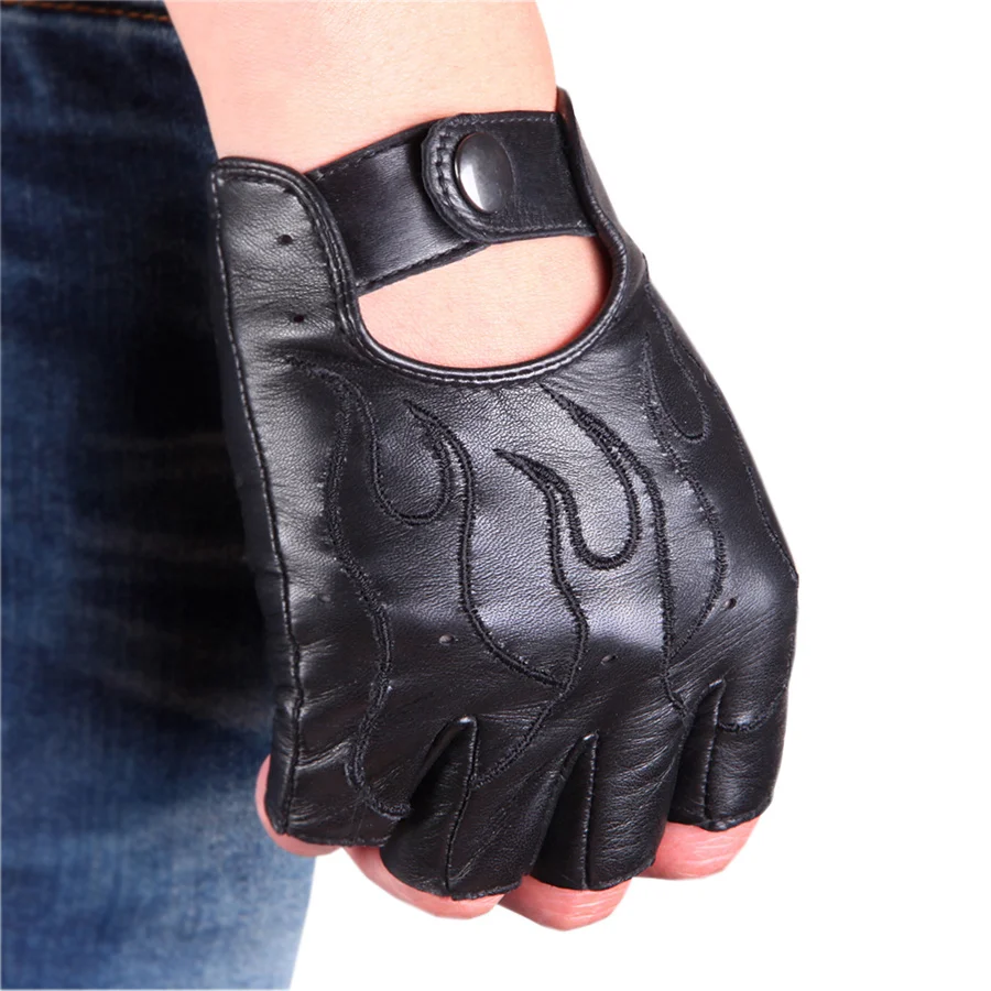 High Quality Leather Half Finger Gloves For Men Cool Flame Pattern Embroidery Driving Half Gloves Non-Slip Breathable M047N-5