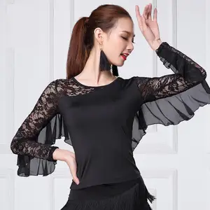 Сексуальные кружевные латинские рубашка для занятий танцами женщинам бальный танец Современный Танго, костюм, топы с длинным рукавом для латинских танцев тренировочные футболки Женская танцевальная одежда