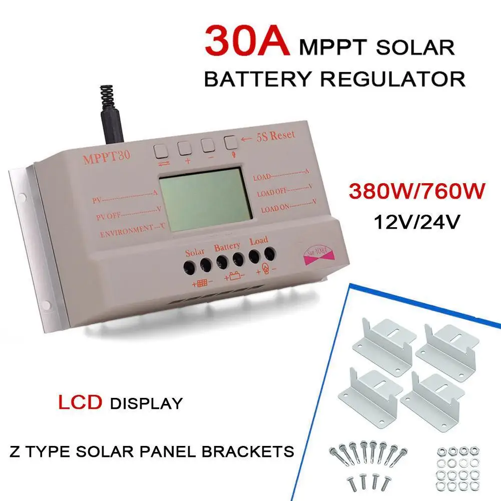 1pc LCD Display 30A MPPT Solar Panel Regulator Charge Controller 12V/24V 380W/760W Automatic with Z Shape Bracket Mount Set |