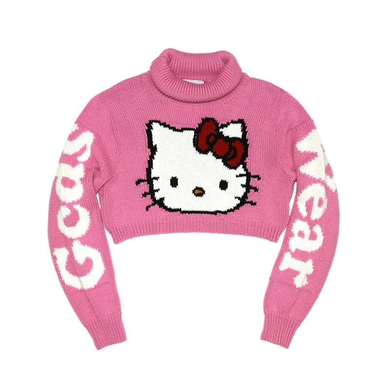 women turtleneck kitty crop sweater fashion character sweet sexy short knit top long sleeve cartoon pink 2019 pullover | Женская одежда