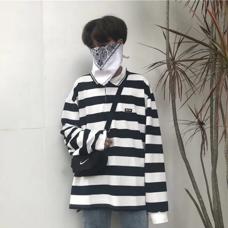 Новые весенние ulzzang Harajuku bf Поло рубашка свободная футболка-топ в стиле ретро полосатый Свободные Длинные рукава Женская футболка