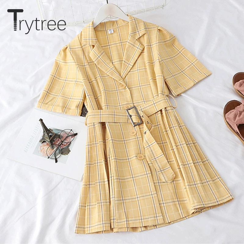 Trytree/летнее осеннее повседневное женское платье в клетку С Вырезанным воротником