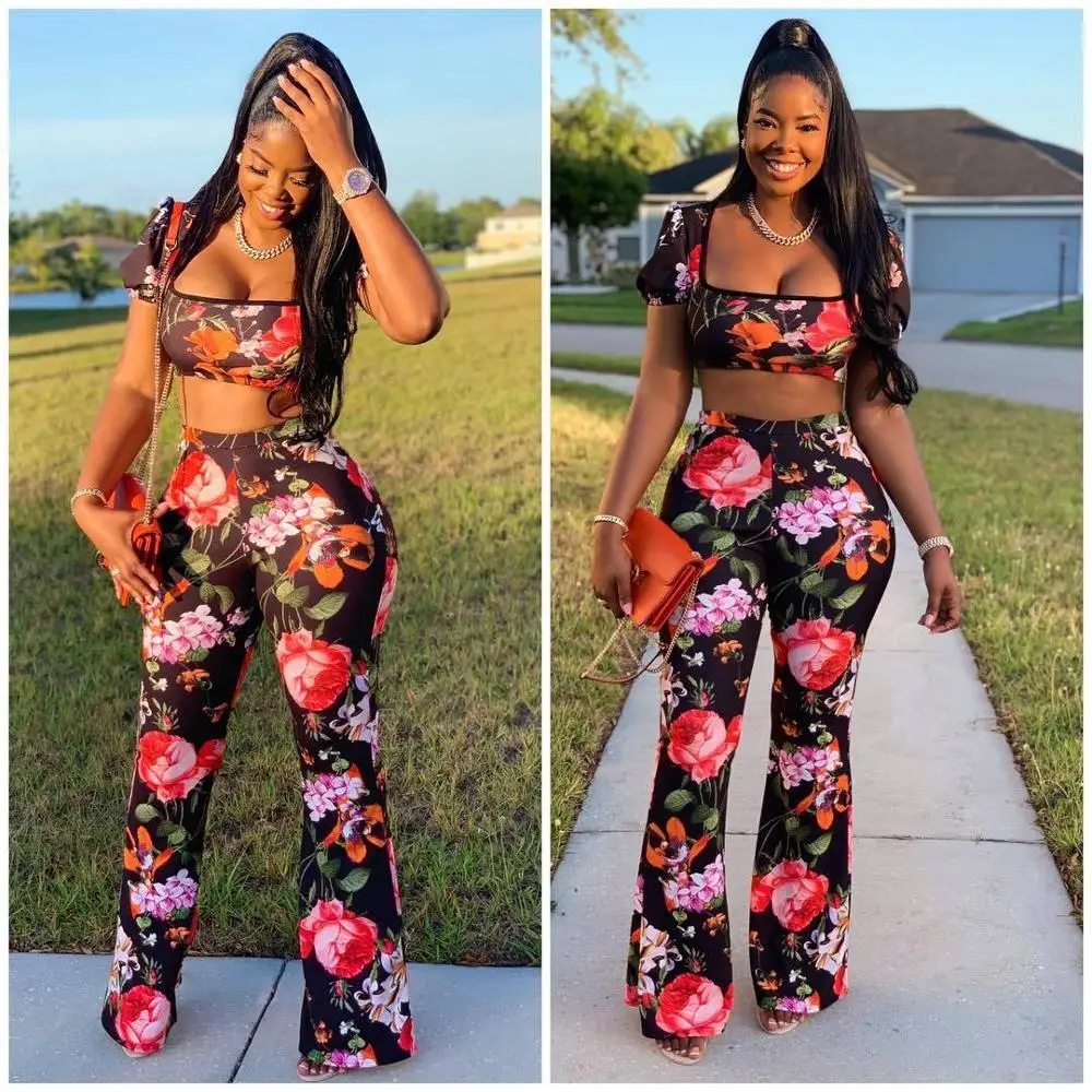 

BKLD Two Piece Set Women O Neck Short Sleeve Crop Top Wide Leg Long Pants Set Sexy Summer Floral Printed Tracksuit Women Outfits