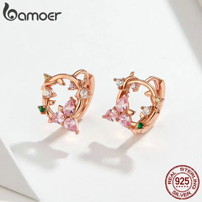 Bamoer цветок Венок крошечные серьги-кольца для женщин розовый CZ камень 925 пробы серебро розовое золото цвет корейские модные украшения BSE135